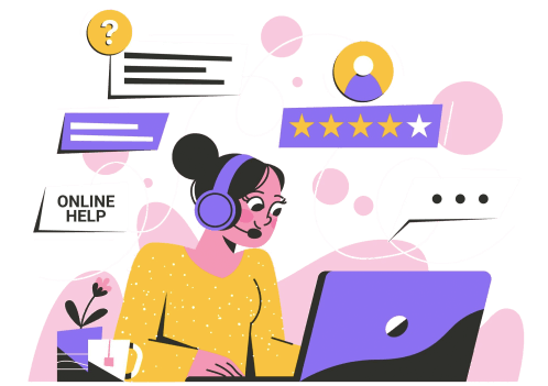 Illustration of a person with a headset working on a laptop. Surrounding elements include speech bubbles, a five-star rating, a question mark, an "online help" sign, and a notepad with a pencil, symbolizing customer service and support.