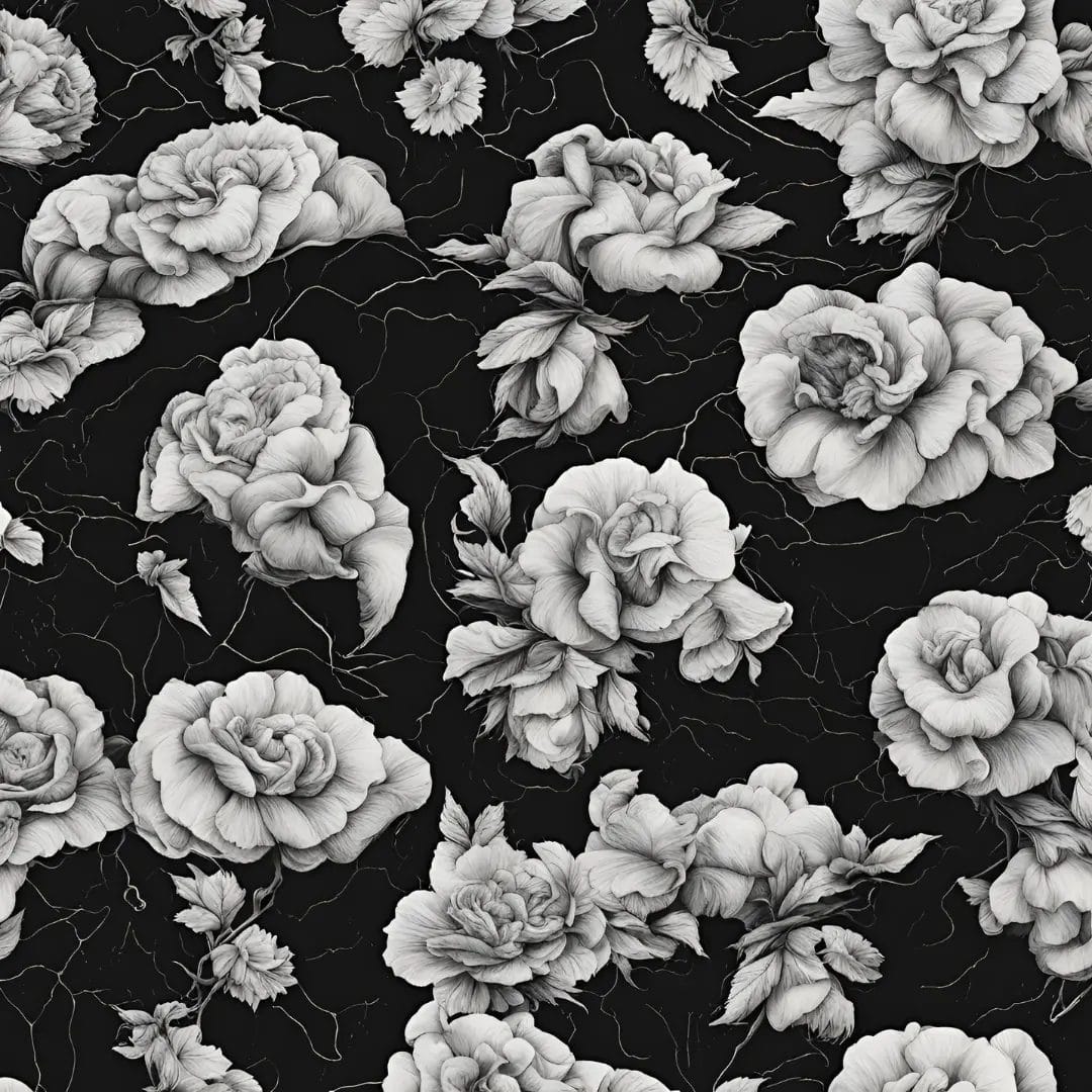 A pattern of intricately detailed, grayscale roses and leaves set against a black backdrop. The flowers in full bloom, with delicate petals and fine lines, create a striking contrast. Introducing: Black Copies.