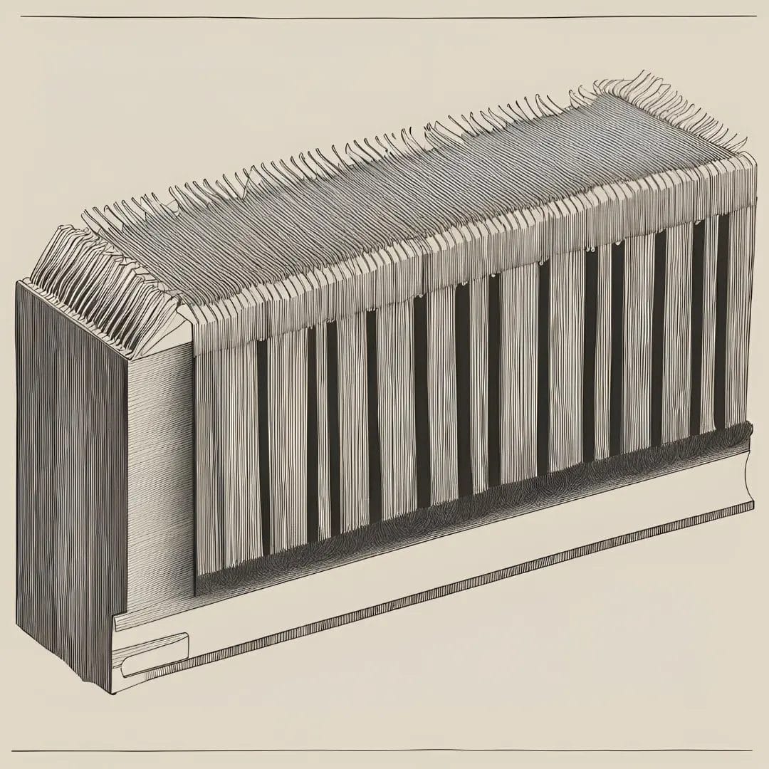 An illustration of a Comb Binding features densely packed bristles on an elongated, rectangular base. The rows of bristles create a uniform look, depicted in a vintage, technical drawing style.