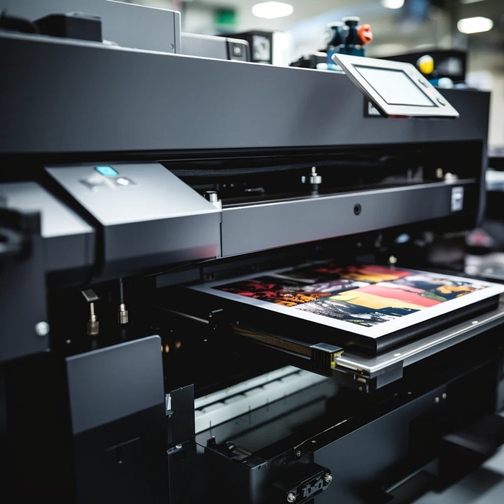 A large industrial printer is in the process of printing a colorful image. The machine is in a well-lit printing facility, with visible control buttons and screens on its surface.