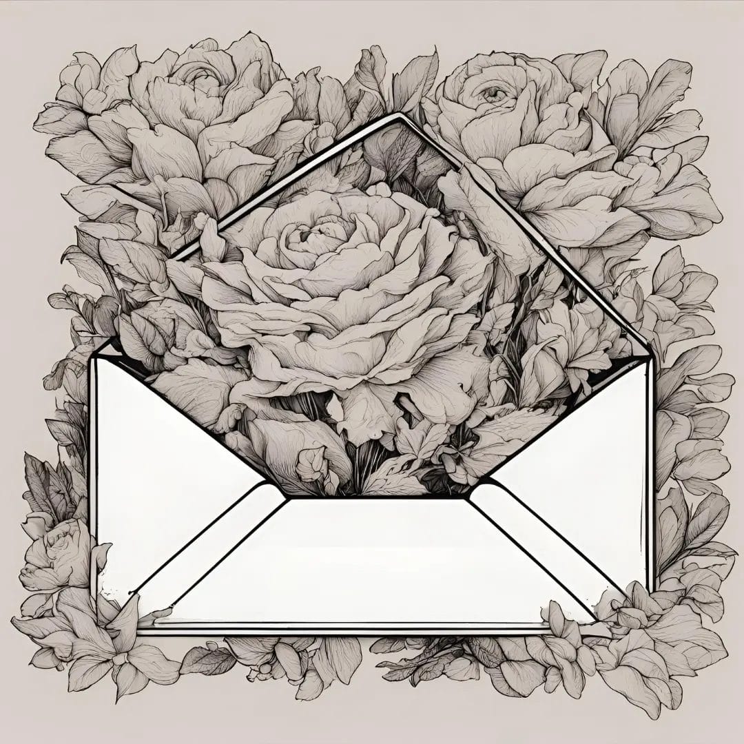 A monochrome illustration of roses emerges from an open envelope, blending nature with stationery. The detailed floral design contrasts beautifully with the simplicity of the Envelope.