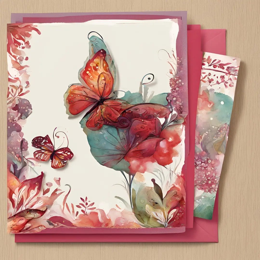 This Greeting Card set features watercolor butterflies and floral designs in red, orange, and pink hues with elegant leaf motifs, complemented by an envelope and insert on a light wooden surface.