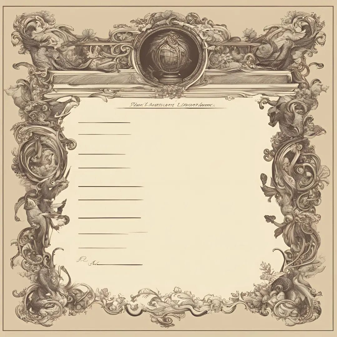 The LetterHead boasts a vintage certificate design with a central globe, surrounded by intricate floral and scroll patterns. Blank lines in the center allow for personalization, while the border features detailed illustrations of animals and plants.