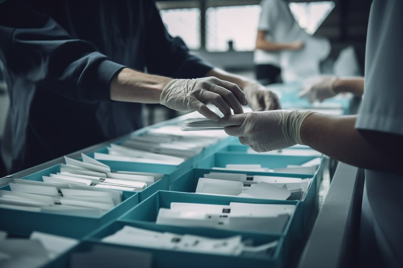 People wearing gloves sorting papers into blue trays. The scene suggests a meticulous organization or counting process in a well-lit room.