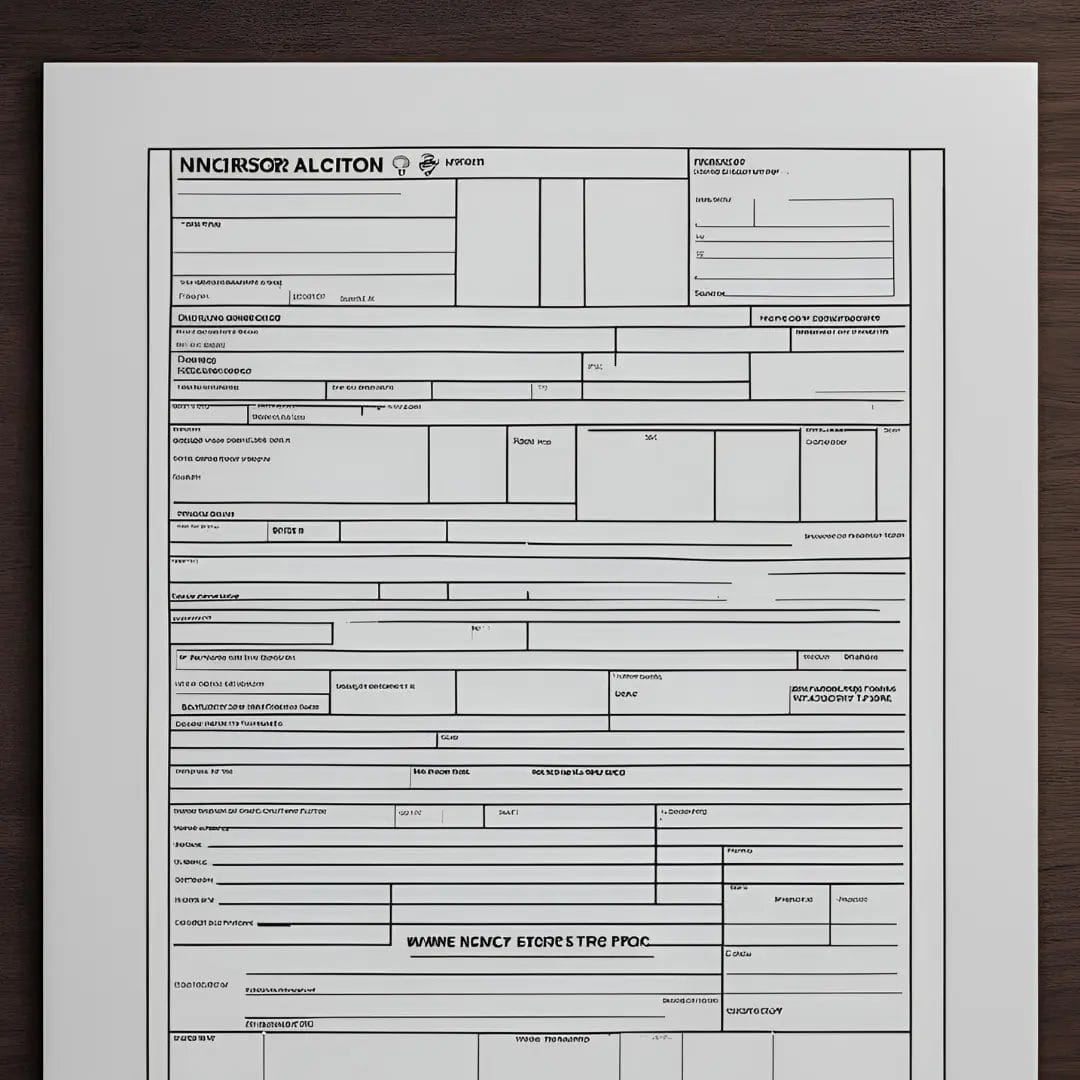 A black-and-white NCR Form rests on a wooden surface featuring sections for personal info, contact details, and signatures, with partially obscured text at the top.