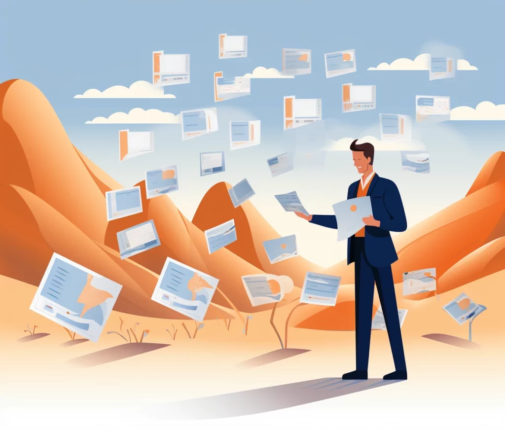 A person in a suit stands in a desert landscape, reviewing floating screens and documents. The background features abstract mountains and a blue sky with clouds, creating a blend of technology and natural scenery.