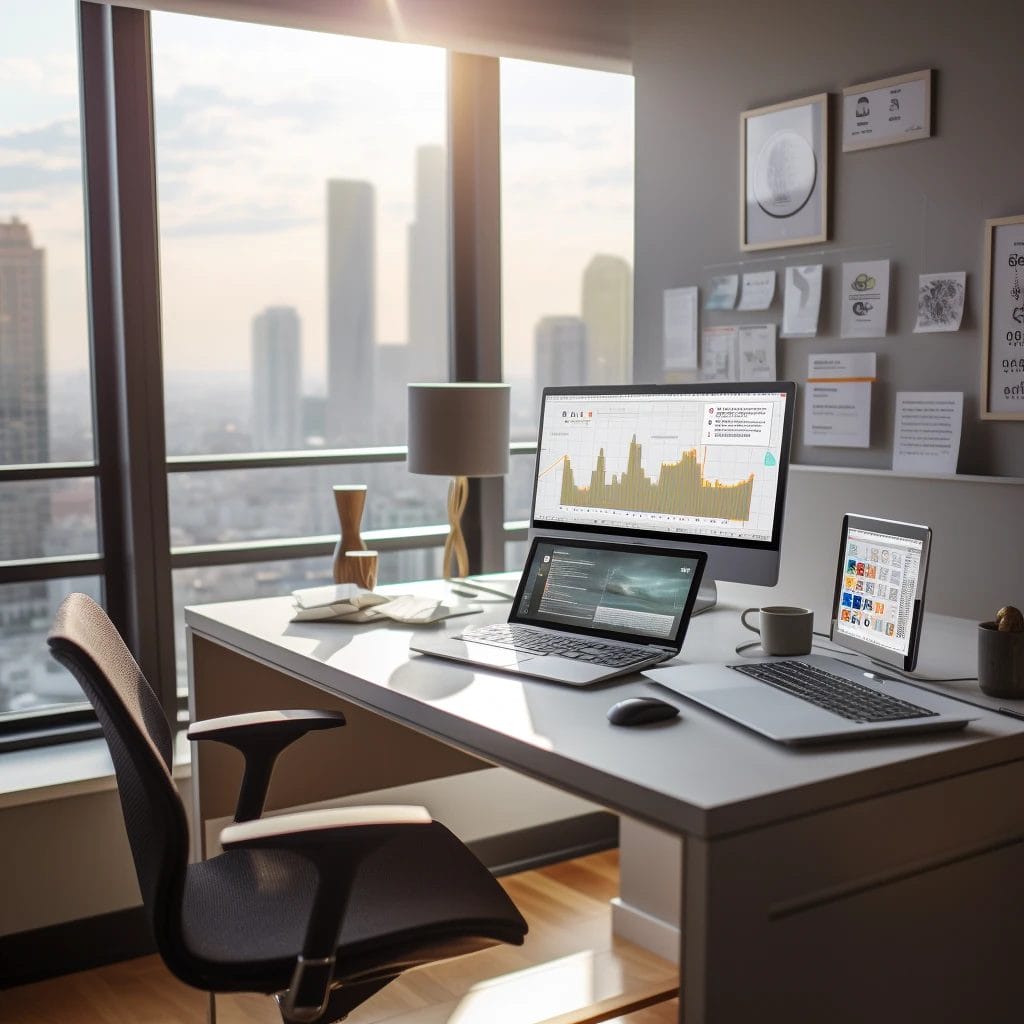 A modern office space with a large window view of a city skyline. The desk holds a computer monitor displaying graphs, a laptop, a mouse, and a smartphone. Papers and a lamp are also on the desk, and several papers are pinned to the wall.