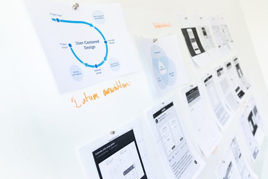 A whiteboard covered with various notes, papers, and reminders organized in a cluttered yet informative manner.