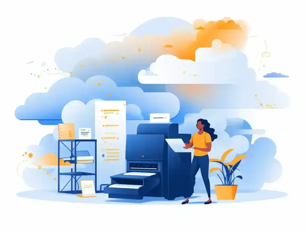 A woman stands in front of a large printer, holding a piece of paper. Nearby, a shelf holds stacks of paper and folders. The background features clouds and abstract swirls, blending orange and blue hues. A potted plant is beside her.